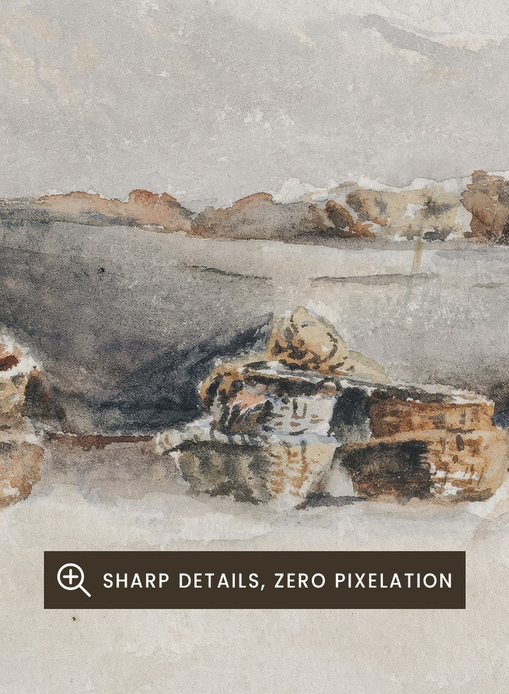 A framed watercolor painting depicting two boats on a sandy shore with rocks and a small seated figure. Fishing Boats on the Shore by Hercules Brabazon Brabazon is a vintage watercolor art print featuring fishing boats, nets, baskets, and a hazy coastal shore.