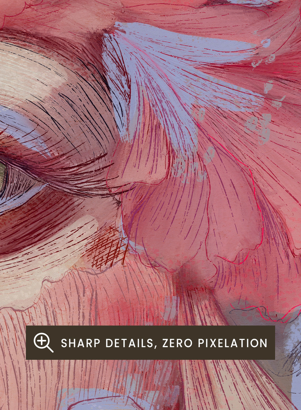 Artistic depiction of a face with flowers and an eye, using a color palette of reds, pinks, and browns. Floral Reverie No.01 by Treechild is a floral portrait illustration art print featuring expressive face detail, layered flowers, and contemporary wall art style.