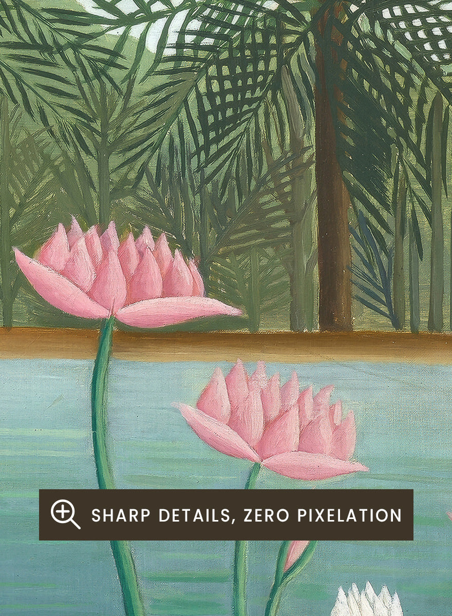 Shop The Flamingoes by Henri Rousseau, a vintage tropical nature landscape and animal art print featuring pink flamingoes, lotus flowers, palms, and blue water.