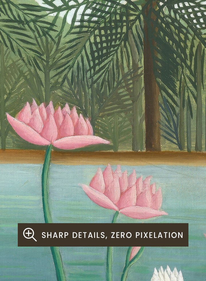 Shop The Flamingoes by Henri Rousseau, a vintage tropical nature landscape and animal art print featuring pink flamingoes, lotus flowers, palms, and blue water.