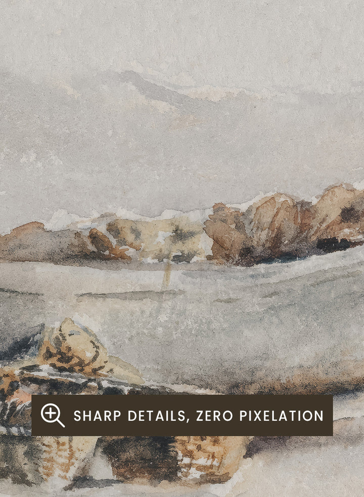 A framed watercolor painting of two small boats on a sandy shore. Fishing Boats on the Shore by Hercules Brabazon Brabazon is a vintage watercolor art print featuring fishing boats, nets, baskets, and a hazy coastal shore.