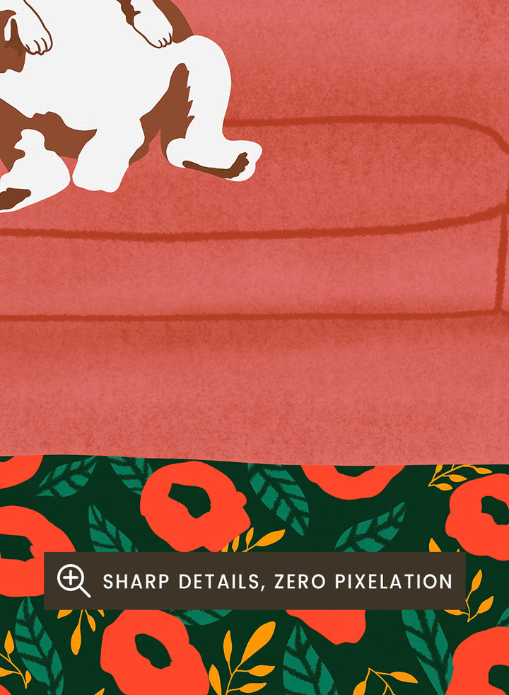 A framed art print depicting a cozy living room scene with a coral-pink sofa, two cats, a patterned throw blanket, and a floral rug. Playful Cats Living Room by Ceyda Alasar cat art print featuring two mischievous cats, a coral sofa, floral rug, patterned throw, and colorful decor.