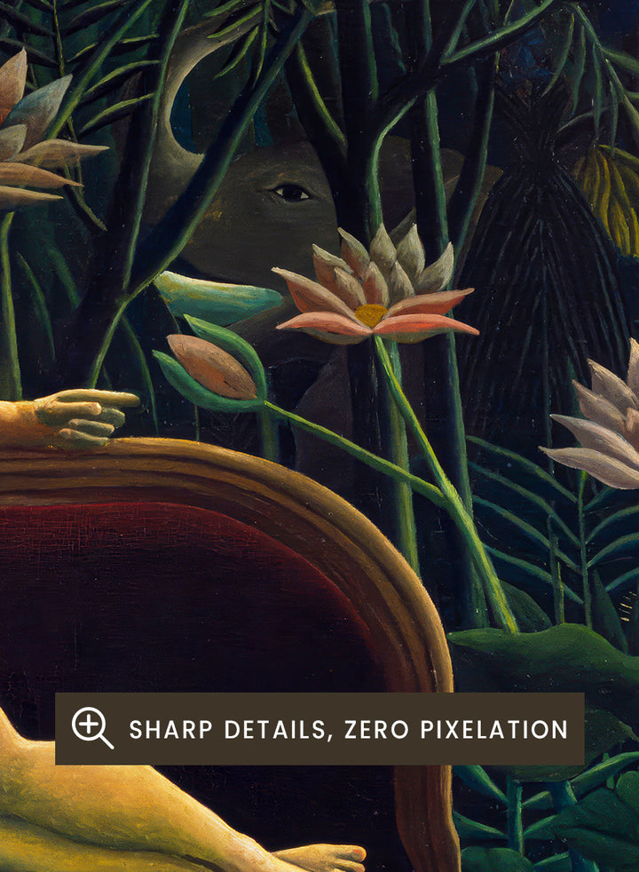 A framed art print depicting a lush, surreal jungle scene with a reclining nude woman in a boat, colorful flowers, birds, and animals under a full moon. The Dream by Henri Rousseau is a vintage jungle art print featuring a reclining woman, lush tropical plants, lions, flowers, and a moonlit forest.