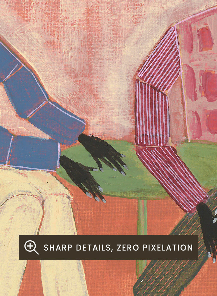 Artistic depiction of two people sitting on chairs with a plant and vase in the foreground, on a pink background. With a Friend by Studio IMO (Ibi Meier-Oruitemeka) is a modern figurative art print with two figures at a table in a contemporary wall poster design.