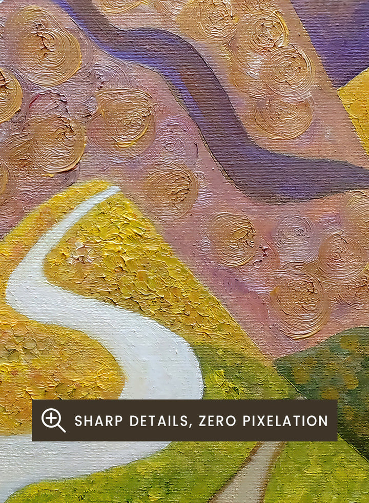 A framed landscape painting featuring stylized mountains, evergreen trees, winding paths, and small human figures, shown against a light neutral background. Shop Peaceful Journey Through Hills by Angeles M. Pomata, an autumn landscape art print featuring winding roads, cypress trees, rolling hills, and two walking figures.