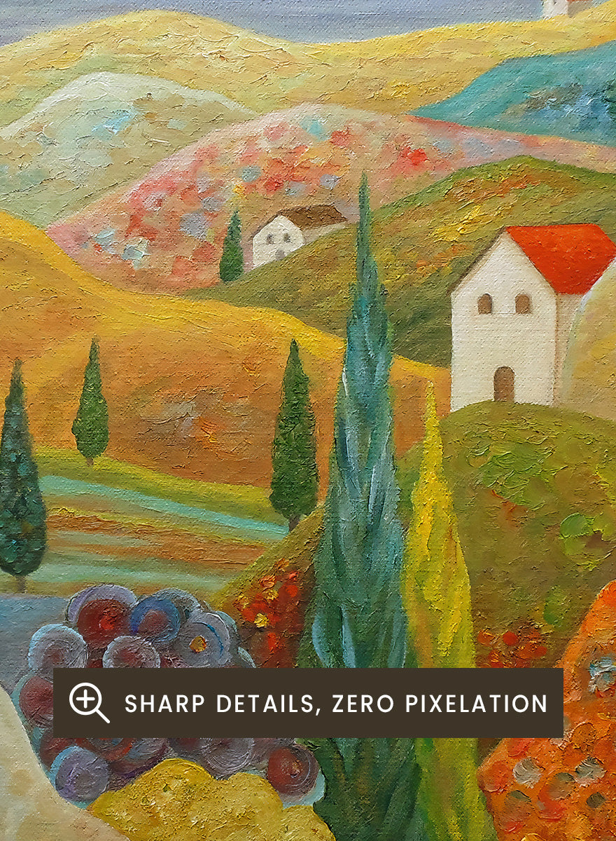 A framed landscape painting featuring stylized hills, cypress trees, small houses with red roofs, and a blue sea under a pale sky. Shop Woman in Mediterranean Landscape by Angeles M. Pomata, a colorful Mediterranean landscape and figurative art print with cypress trees, white houses, hills, and sea views.