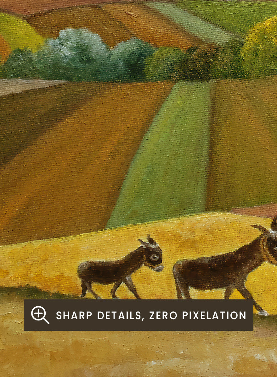 Shop Donkey Family Journey by Angeles M. Pomata, an autumn animal and countryside art print featuring a family of donkeys, patchwork fields, and rolling hills.