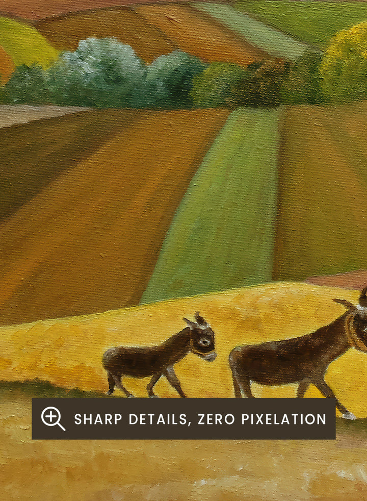 Shop Donkey Family Journey by Angeles M. Pomata, an autumn animal and countryside art print featuring a family of donkeys, patchwork fields, and rolling hills.