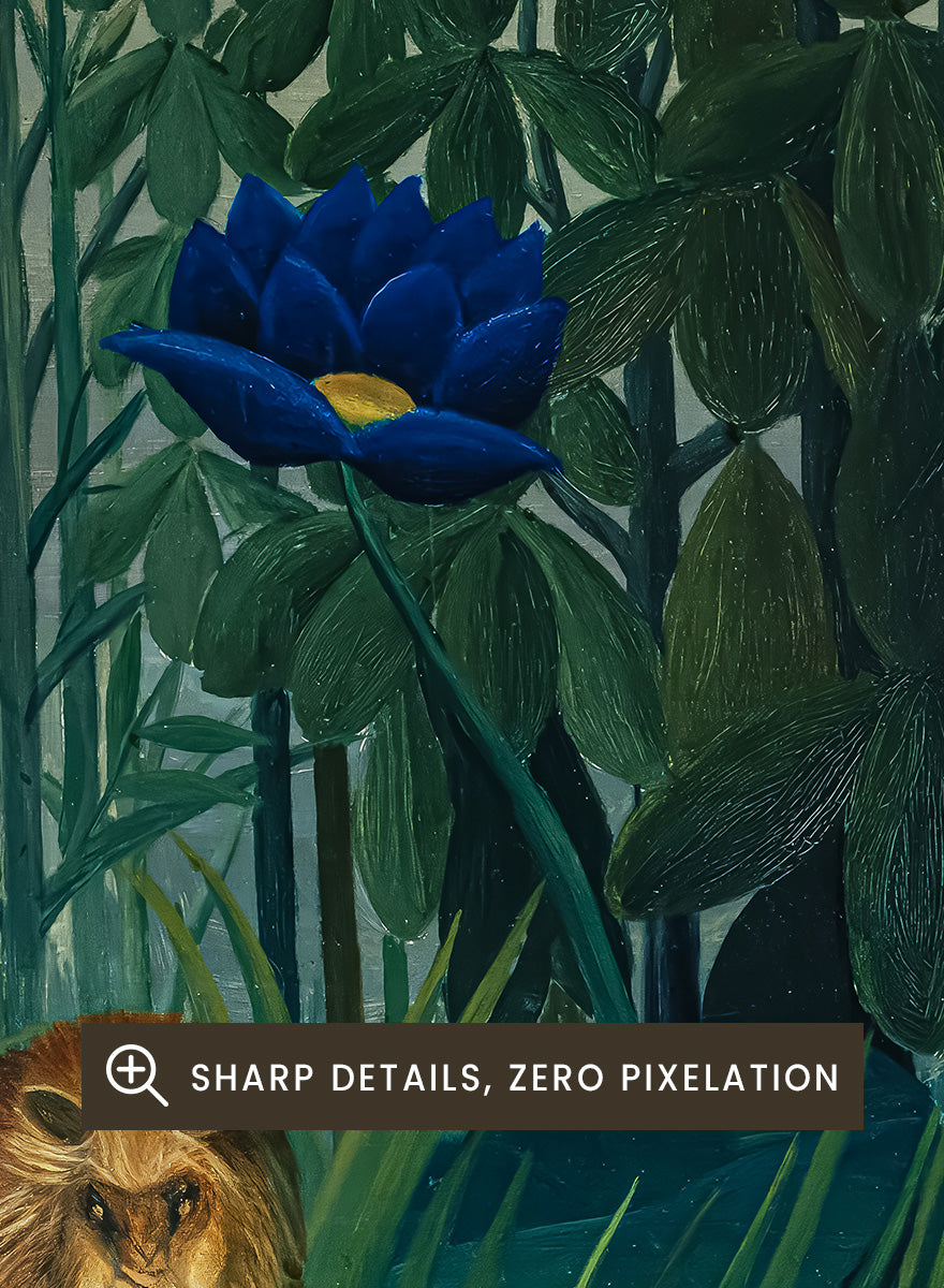 A framed art print depicting a lush jungle scene with green foliage, yellow flowers, blue and orange blossoms, and a small lion near the bottom center. The Repast of the Lion by Henri Rousseau is a vintage jungle art print featuring a lion hidden among dense tropical foliage and lush green plants.