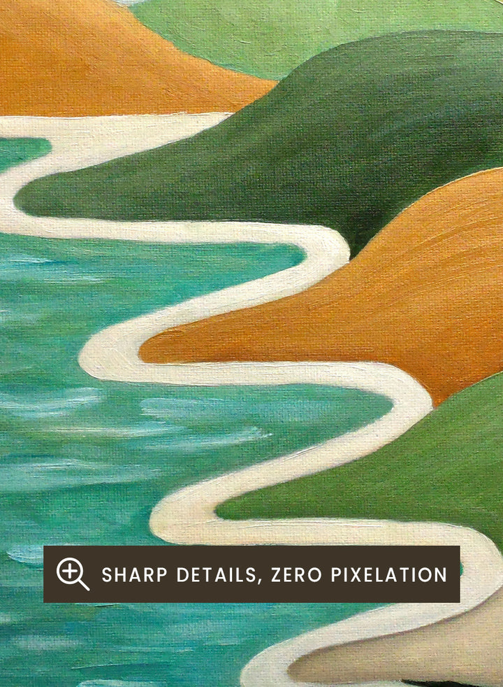 A framed landscape painting featuring stylized green hills, orange mountains, a winding white path, and a turquoise blue body of water with two dark green trees. Shop Abstract River Landscape by Angeles M. Pomata, a colorful abstract landscape art print featuring winding water, rolling hills, and bold earthy tones.