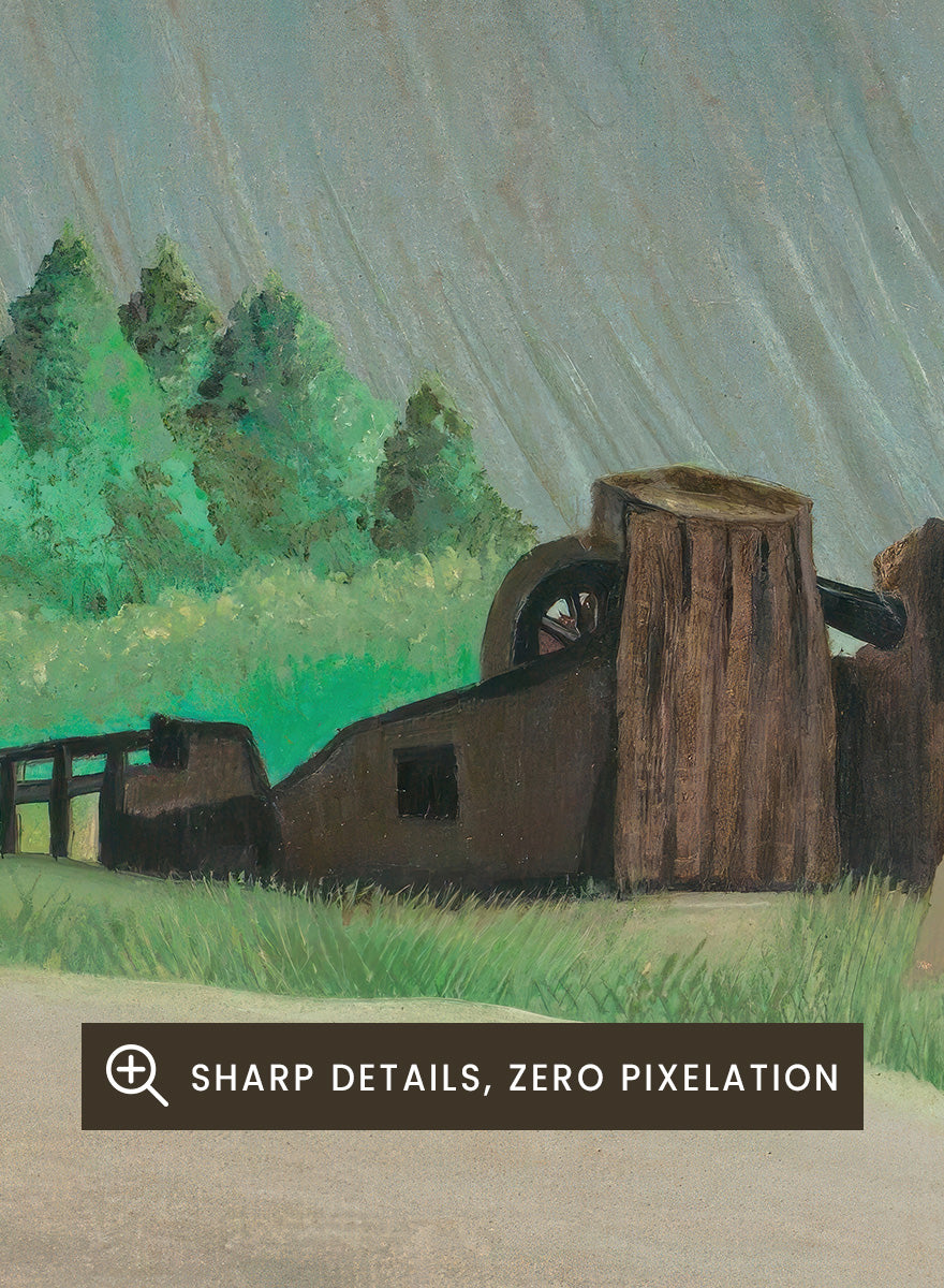 A framed landscape painting depicting a rainy day in a green valley with a small house, a lone tree, and a figure holding an umbrella. A Rainy Morning by Henri Rousseau is a vintage landscape art print featuring a rainy country road, umbrella figure, green fields, trees, and a rustic watermill.