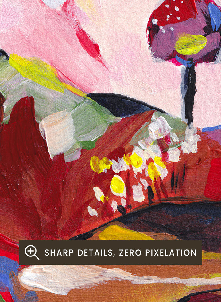 A framed abstract landscape painting featuring pink clouds, green hills, and colorful stylized trees. Shop Vibrant Fantasy Landscape by Dirkie Nell, a colorful landscape art print featuring pink clouds, rolling hills, wildflowers, and bold abstract color.