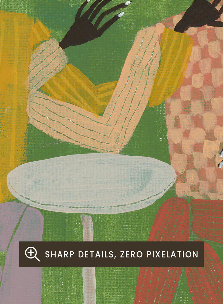 Framed artwork of two people sitting at a table on a green background. In Good Company by Studio IMO (Ibi Meier-Oruitemeka) is a modern figurative art print featuring two figures at a table in a bold contemporary wall poster design.