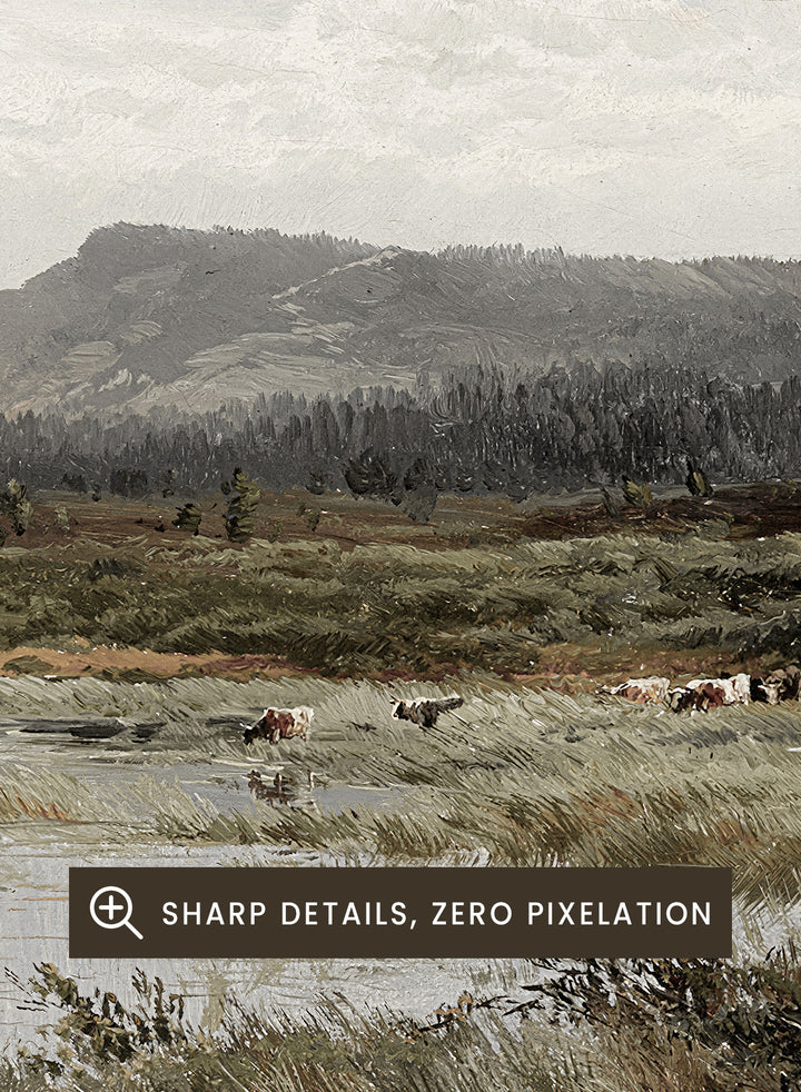 A framed landscape art print depicting a muted, overcast valley scene with a small body of water, grassy foreground, distant hills, and a cloudy sky, shown against a light neutral background. A View of Fleet Moor, Surrey by Alfred de Bréanski is a vintage English landscape print featuring cattle, water, rolling hills, open countryside, and a cloudy sky.