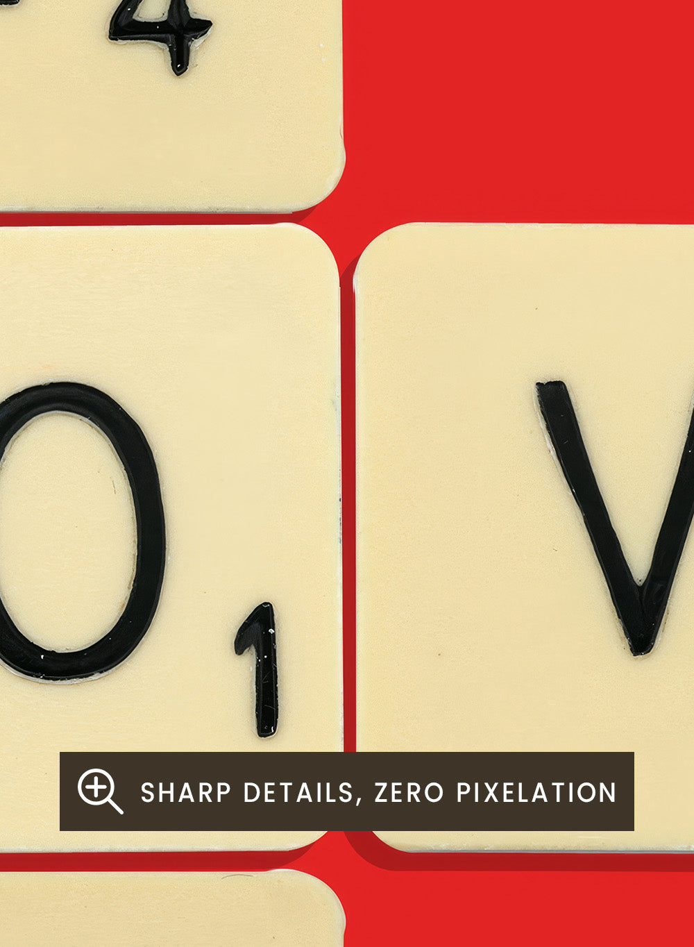 Scrabble tiles spelling LOVE YOU on a red background. Love You by Florent Bodart is a playful crossword-style art print featuring letter tiles spelling LOVE YOU on a red background. Retro typography wall poster with optional framing.