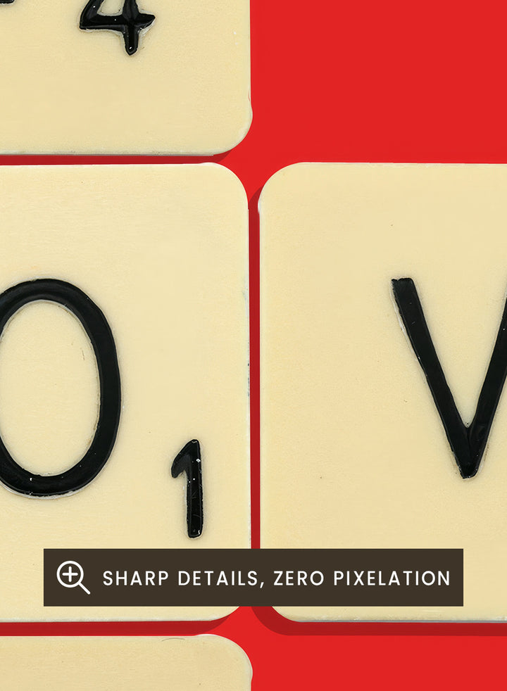 Scrabble tiles spelling LOVE YOU on a red background. Love You by Florent Bodart is a playful crossword-style art print featuring letter tiles spelling LOVE YOU on a red background. Retro typography wall poster with optional framing.