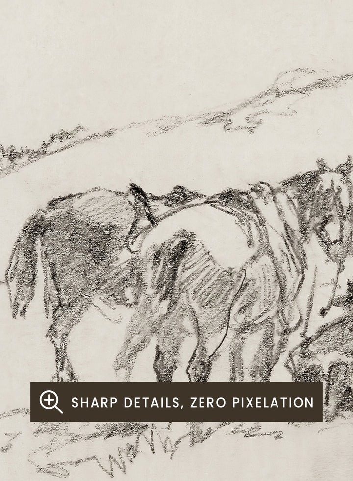 A framed black and white sketch print depicting a cowboy and horse, set against a light beige background. Sketch Made on Indian Reservation, Montana by Walter Shirlaw is a vintage horse sketch featuring a seated figure, grazing horses, and the Montana landscape.