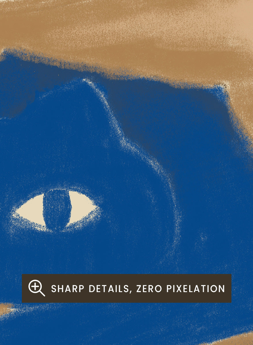 A framed art print featuring a whimsical illustration of a blue cat peeking out from inside a brown paper bag, set against a warm beige background. Blue Cat In A Bag by The Art Concept is a playful minimalist cat art print featuring a blue cat tucked inside a paper bag on a warm cream background.