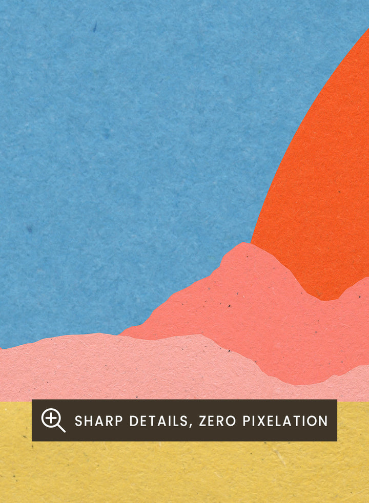 Simplified illustration of a road leading to a large red sun in a blue sky. Road To Sun by Rosi Feist is a modern landscape art print featuring a minimalist desert road, bold sunset colors, and contemporary graphic poster design.