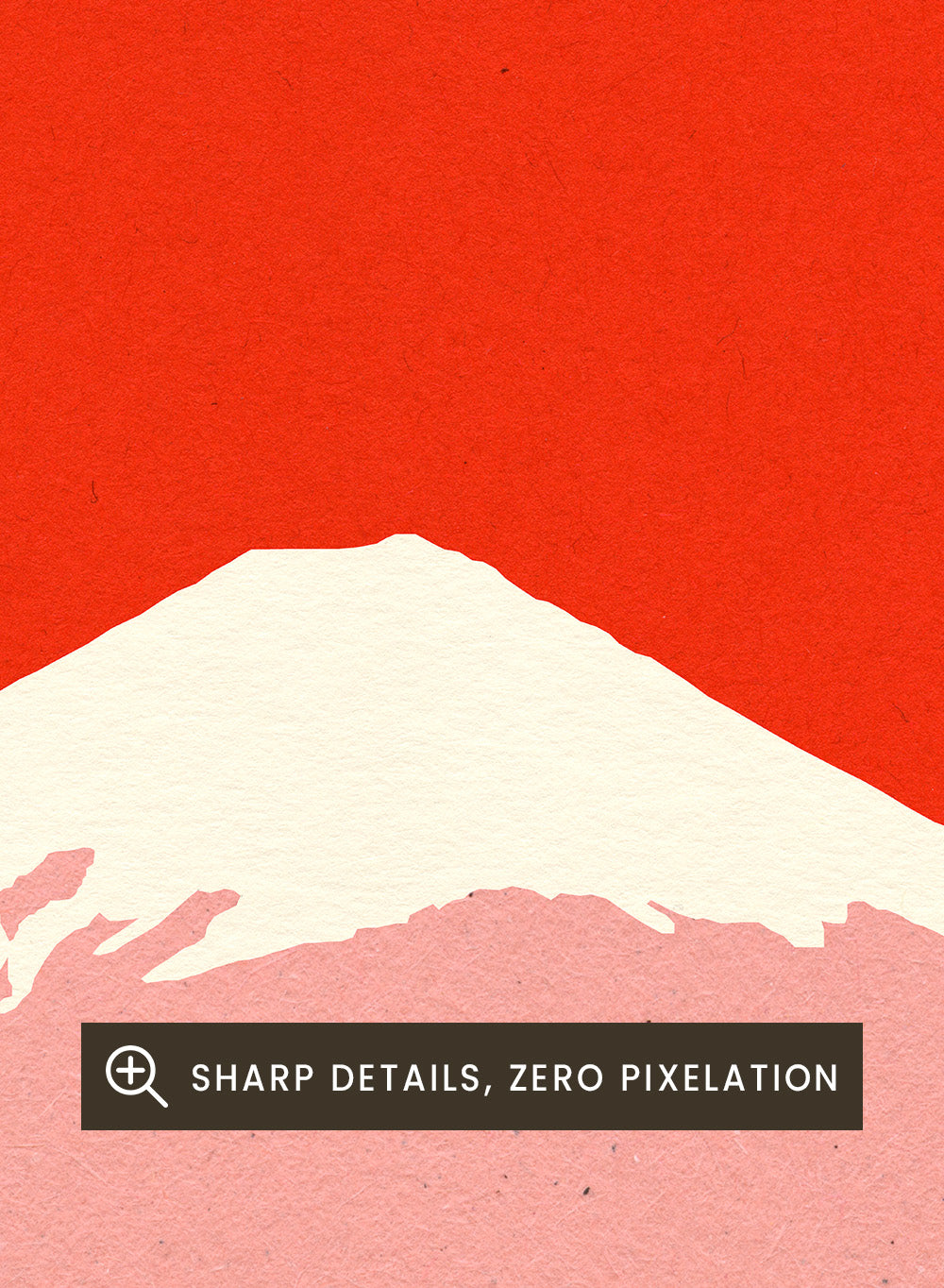 Framed artwork of a mountain with a red sun on a beige background. Fuji Sun by Rosi Feist is a modern Japanese landscape art print featuring Mount Fuji, a bold red sun, and minimalist contemporary poster design.