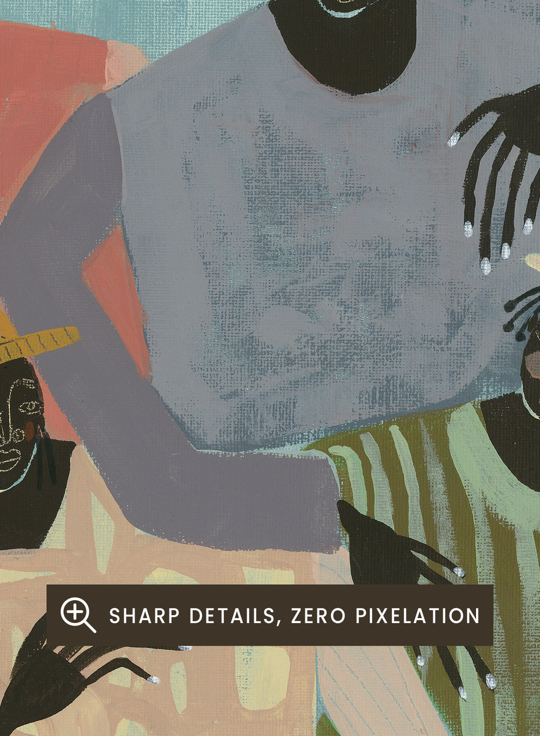 Framed artwork of six stylized figures in colorful clothing against a textured blue background. Group Chat by Studio IMO (Ibi Meier-Oruitemeka) is a modern figurative art print with multiple figures, bold color, and contemporary wall poster design.