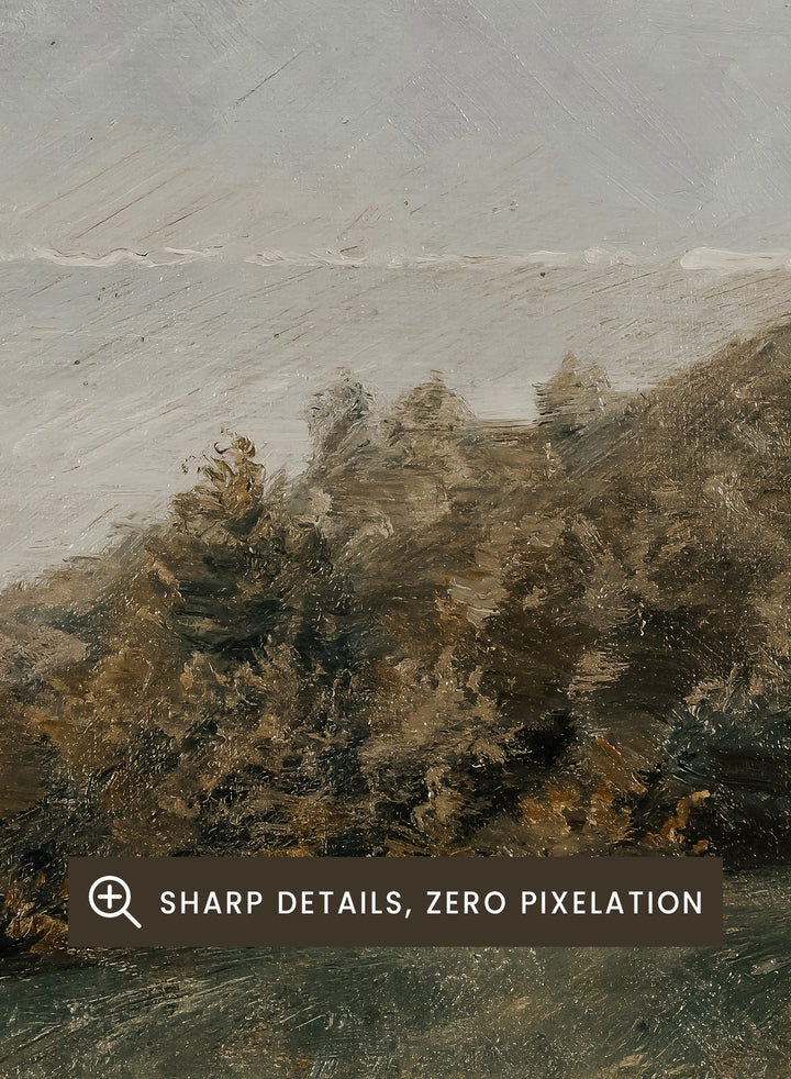 A framed landscape painting depicting a misty mountain range over a body of water with trees in the foreground. Landscape with Mountains in the Background by Susette Holten is a vintage mountain landscape print featuring a lake, misty peaks, trees, and muted natural tones.