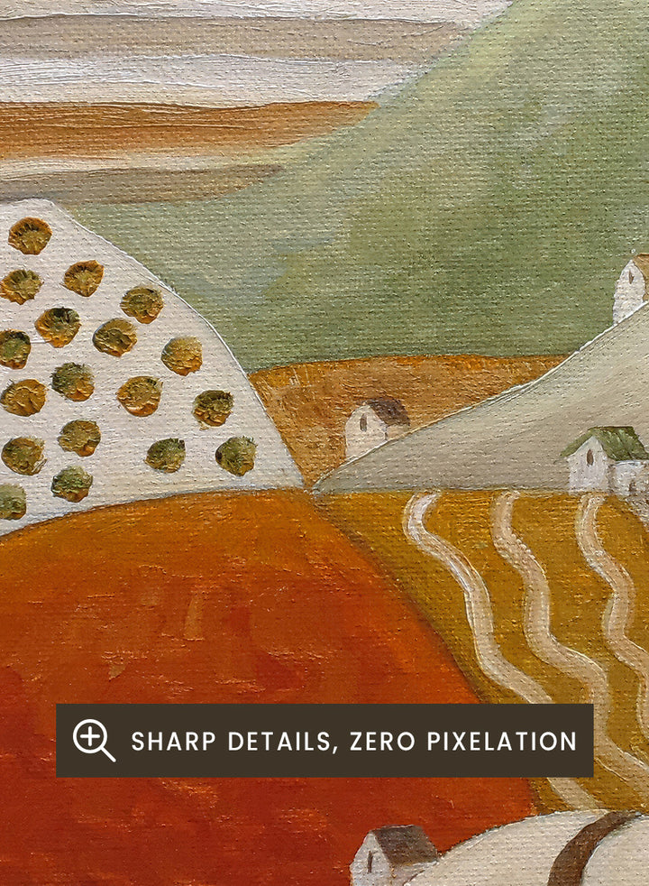 A framed landscape painting featuring stylized rolling hills and fields in earthy tones of orange, green, beige, and brown. Shop Colorful Hillside Village by Angeles M. Pomata, an autumn landscape art print featuring rolling hills, tiny homes, winding roads, and warm earthy tones.
