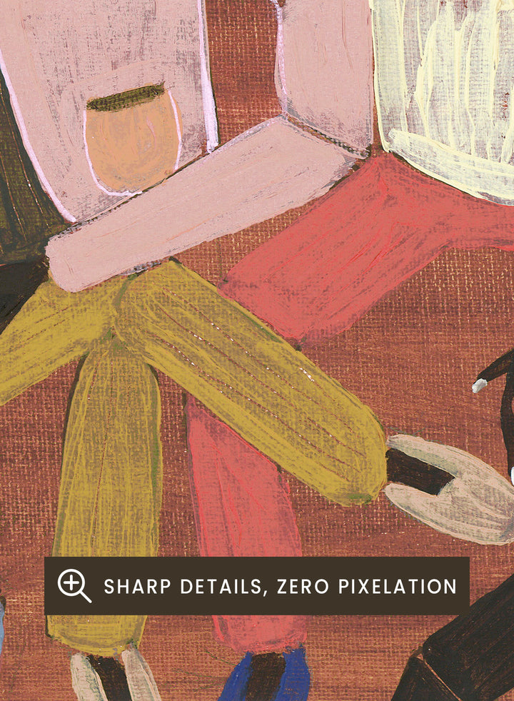 Framed artwork of six stylized figures in colorful clothing on a red background. Long Time No See by Studio IMO (Ibi Meier-Oruitemeka) is a modern figurative art print with multiple figures and bold contemporary wall poster design.