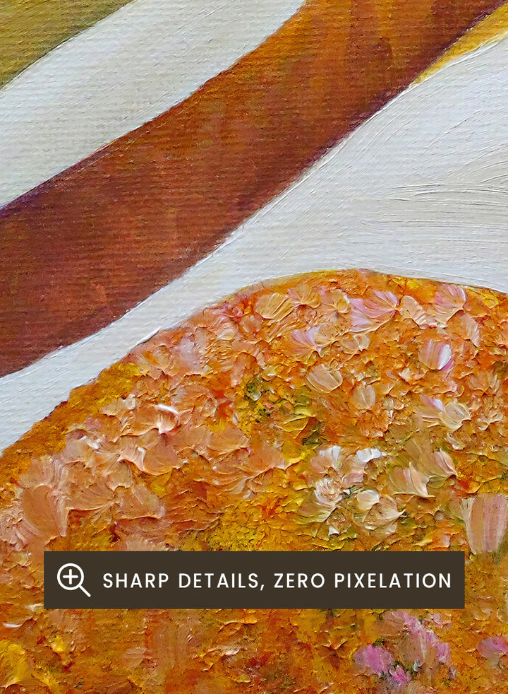 A framed abstract landscape painting featuring winding light blue and white river-like curves, green hills, and textured orange-brown foreground shapes. Shop Serene Valley Path by Angeles M. Pomata, a colorful landscape art print featuring a winding path, river, rolling hills, and warm earthy tones.