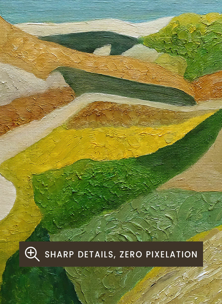 A framed landscape painting featuring a winding cream-colored path through green and ochre hills, leading to a blue sea and distant mountain under a pale sky. Shop Vibrant Coastal Vista by Angeles M. Pomata, a colorful coastal landscape art print featuring winding roads, rolling fields, rugged hills, and blue sea views.
