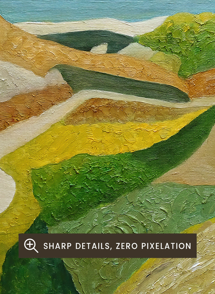 A framed landscape painting featuring a winding cream-colored path through green and ochre hills, leading to a blue sea and distant mountain under a pale sky. Shop Vibrant Coastal Vista by Angeles M. Pomata, a colorful coastal landscape art print featuring winding roads, rolling fields, rugged hills, and blue sea views.