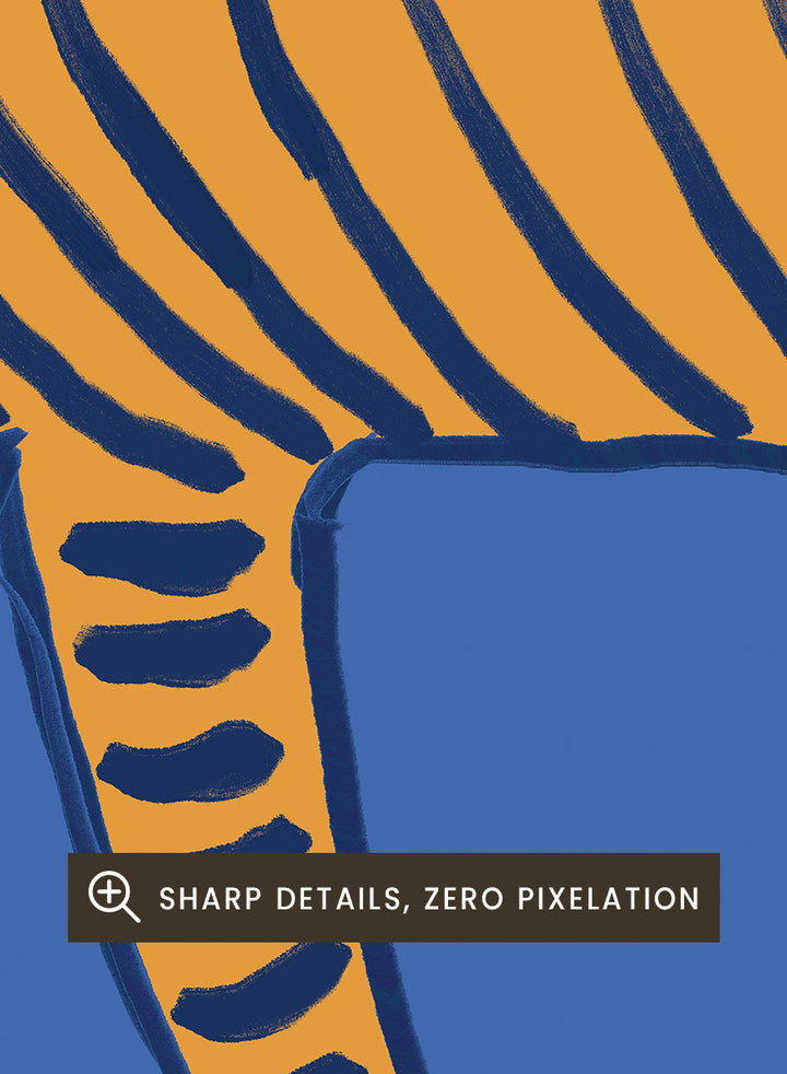 Stylized Blue Tiger by The Art Concept animal art print featuring an orange tiger with deep blue stripes and an elongated, graphic silhouette.