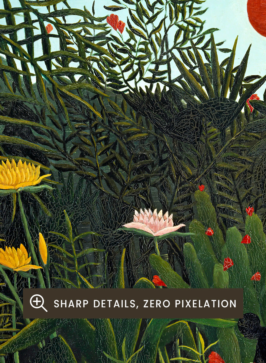 A framed art print depicting a lush, stylized jungle scene with dense green foliage, a small figure, and a bright red sun against a pale sky. Virgin Forest with Sunset by Henri Rousseau is a vintage jungle art print featuring lush tropical foliage, bright flowers, wildlife, and a red setting sun.
