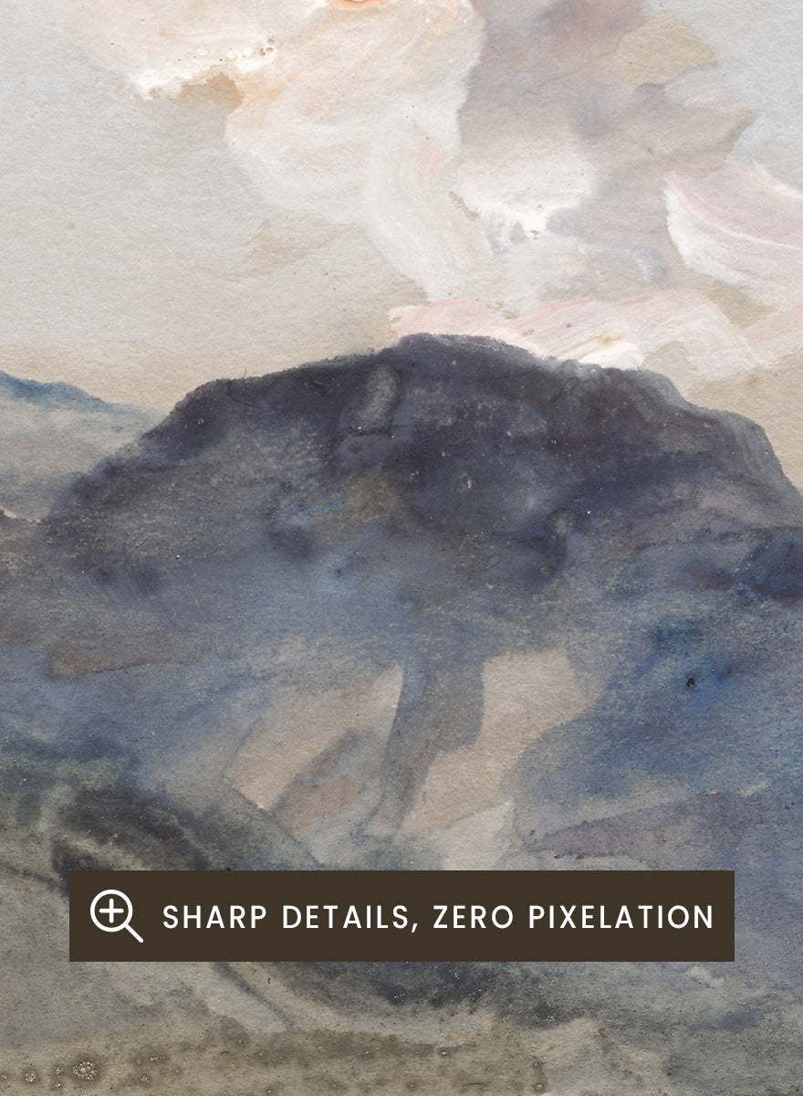 A framed landscape painting featuring blue and gray mountains under a pale sky with soft white clouds. In the Alps by Hercules Brabazon Brabazon is a vintage watercolor art print featuring snowy peaks, blue-grey mountains, soft clouds, and a misty alpine view.