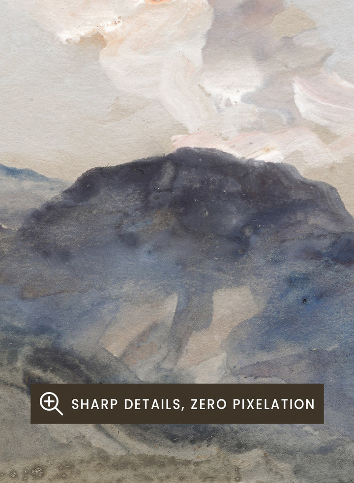 A framed landscape painting featuring blue and gray mountains under a pale sky with soft white clouds. In the Alps by Hercules Brabazon Brabazon is a vintage watercolor art print featuring snowy peaks, blue-grey mountains, soft clouds, and a misty alpine view.