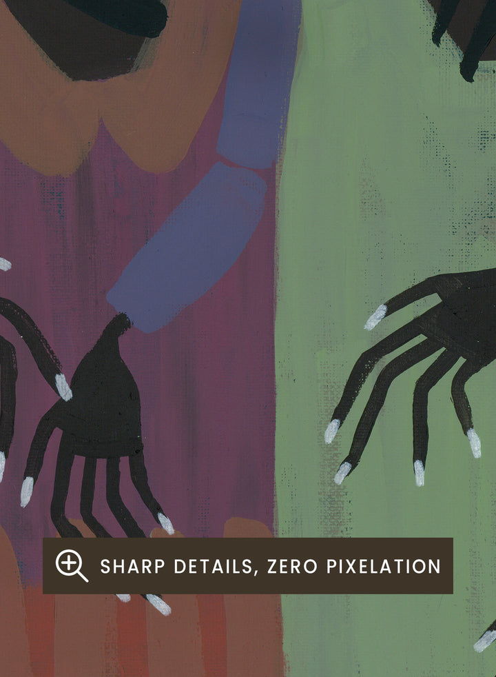 Artistic depiction of three figures with outstretched hands on a blue background. My People by Studio IMO (Ibi Meier-Oruitemeka) is a modern figurative art print with connected figures, expressive hands, and bold contemporary wall poster design.