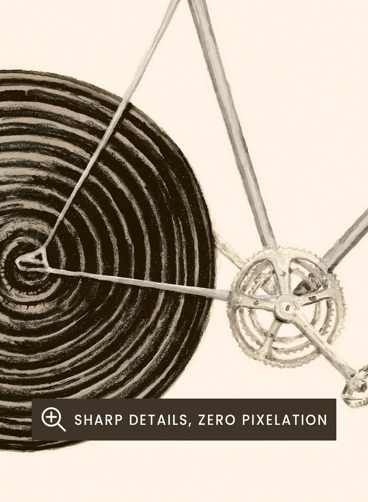 Framed artwork of a bicycle with spiral wheels on a beige background. Sweet Licorice Bicycle by Florent Bodart is a surreal bicycle art print with playful design and vintage style, a modern wall poster with creative and unique concept.