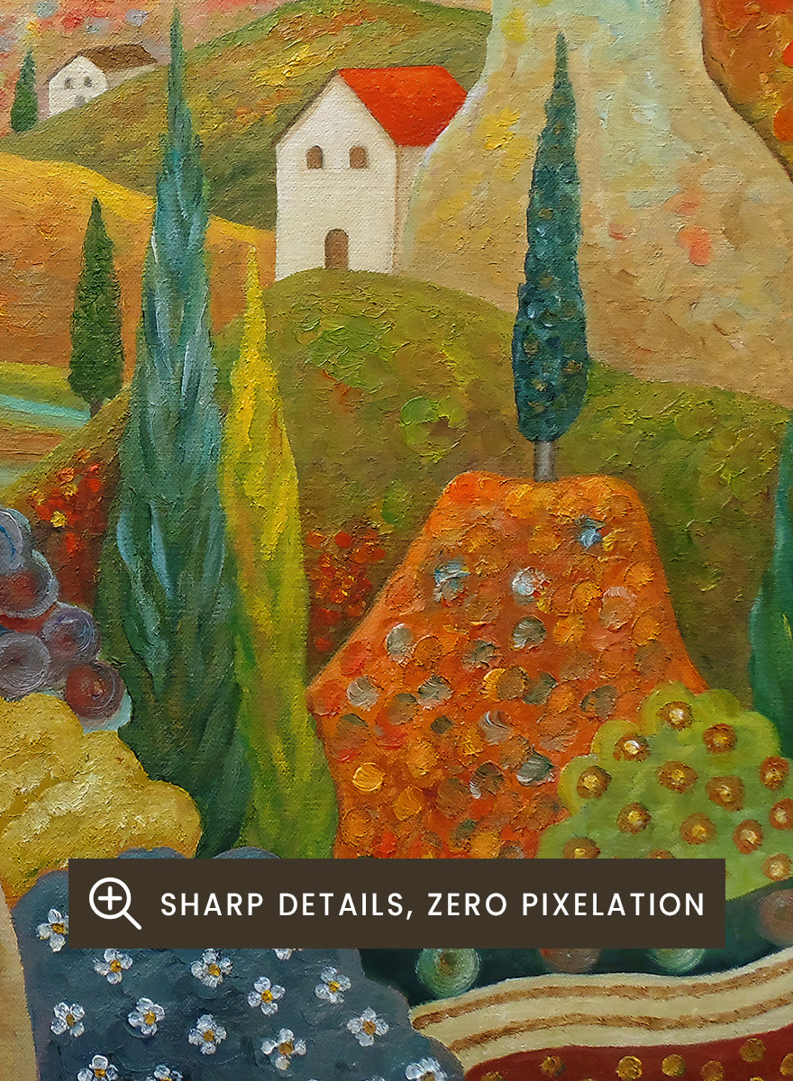 A framed landscape painting featuring stylized hills, cypress trees, small houses with red roofs, and a blue sea under a pale sky. Shop Woman in Mediterranean Landscape by Angeles M. Pomata, a colorful Mediterranean landscape and figurative art print with cypress trees, white houses, hills, and sea views.
