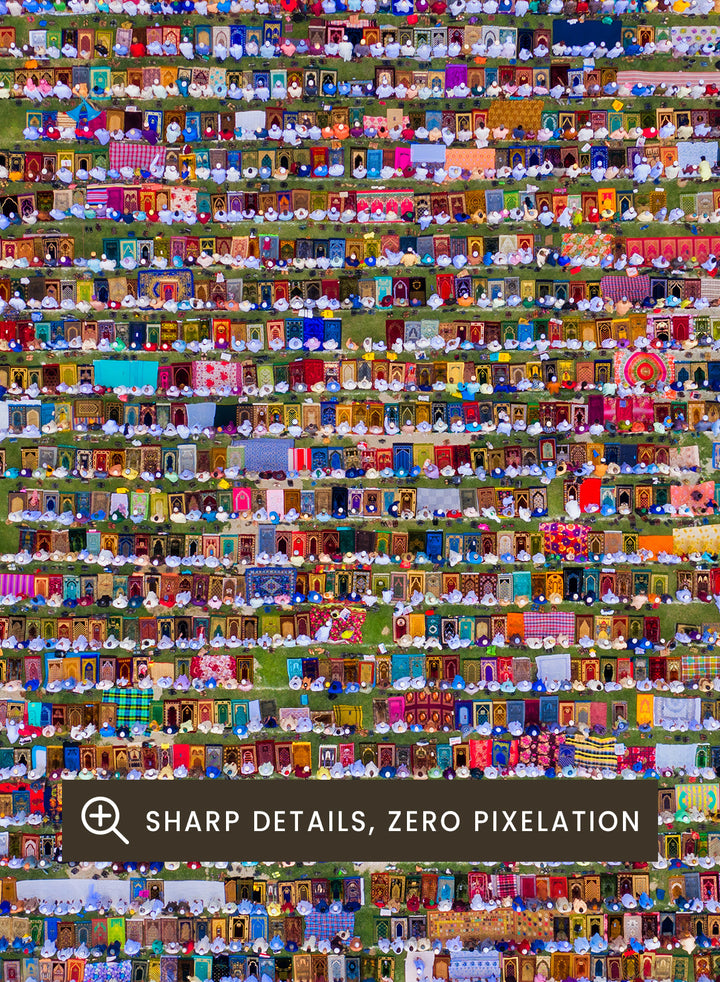 Biggest Eid Prayer by Azim Khan Ronnie aerial photography print showing massive Eid congregation Bangladesh, cultural religious wall art poster.