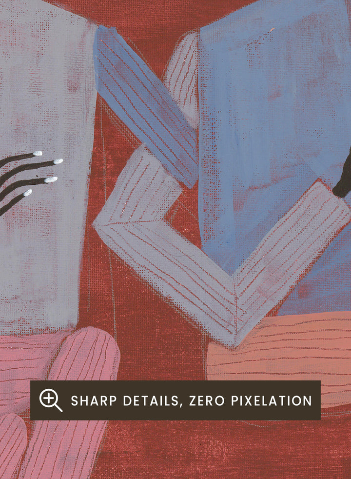 Artistic depiction of two figures holding hands on a red background. Better With You by Studio IMO (Ibi Meier-Oruitemeka) is a modern figurative art print with two figures, bold color, and contemporary wall poster design.