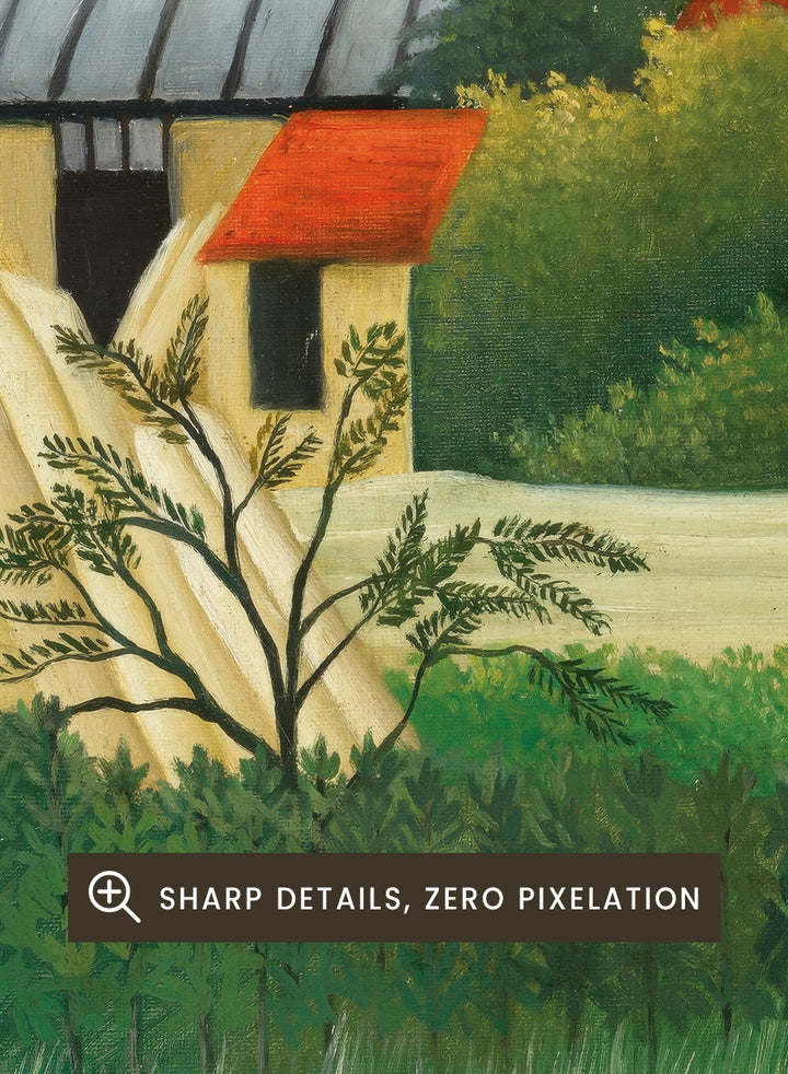 Shop Scierie aux environs de Paris by Henri Rousseau, a vintage French landscape art print with green fields, red roofs, a sawmill, and Paris charm.