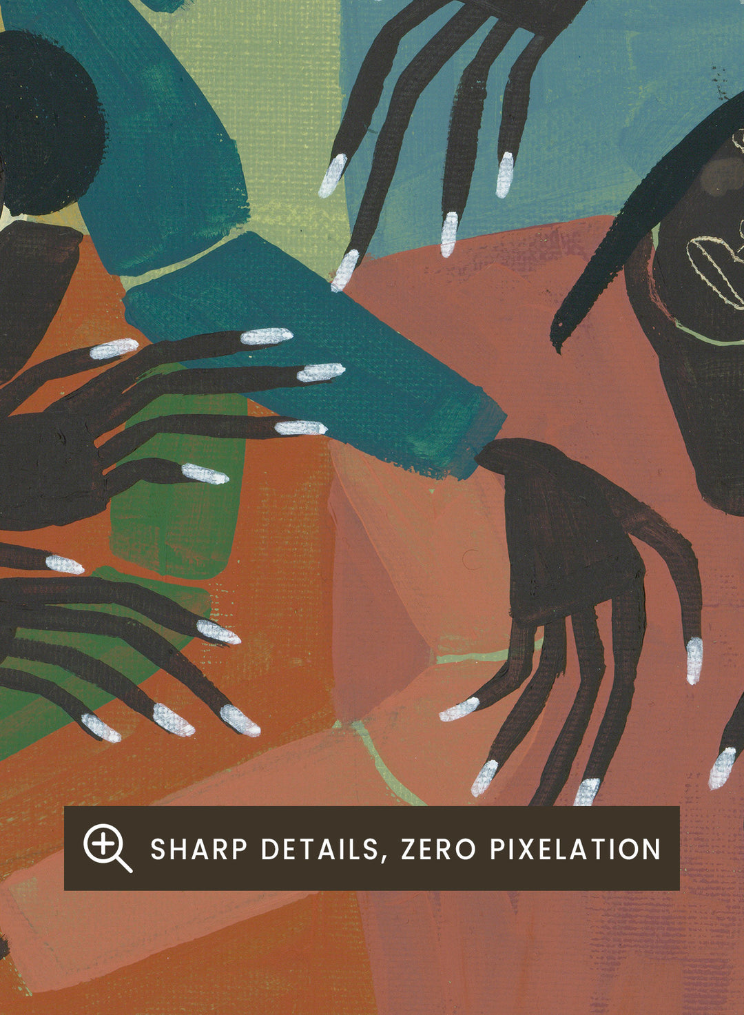 Framed artwork of six people sitting together with colorful clothing on a green background. Gossip by Studio IMO (Ibi Meier-Oruitemeka) is a modern figurative art print with multiple figures, bold color, and contemporary wall poster design.