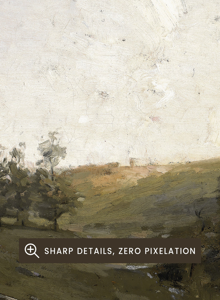 The Three Trees by William Langson Lathrop is a vintage tonalist landscape print of a green field and cloudy sky, a calming countryside wall art print.