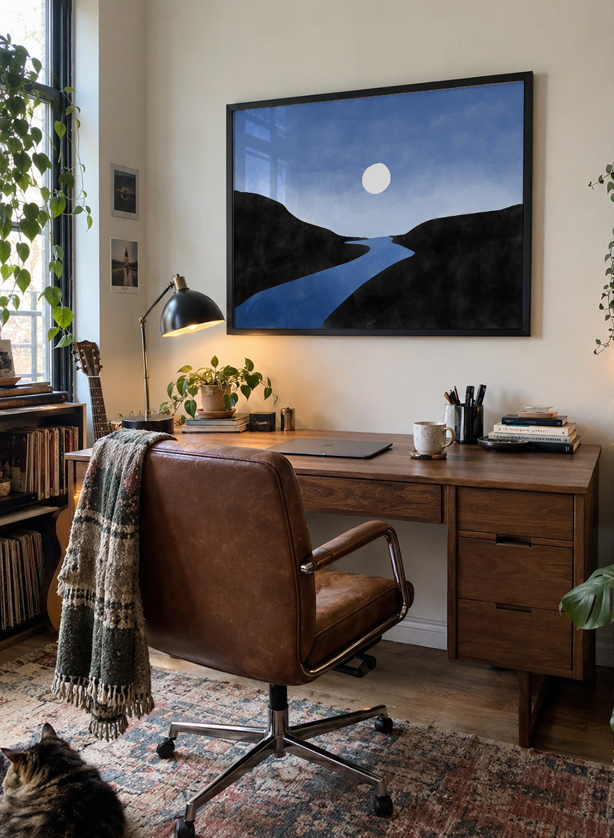 Shop Serene Moon River by Elena Ristova, a modern landscape wall art print poster featuring a winding blue river, dark hills, and a glowing white moon.
