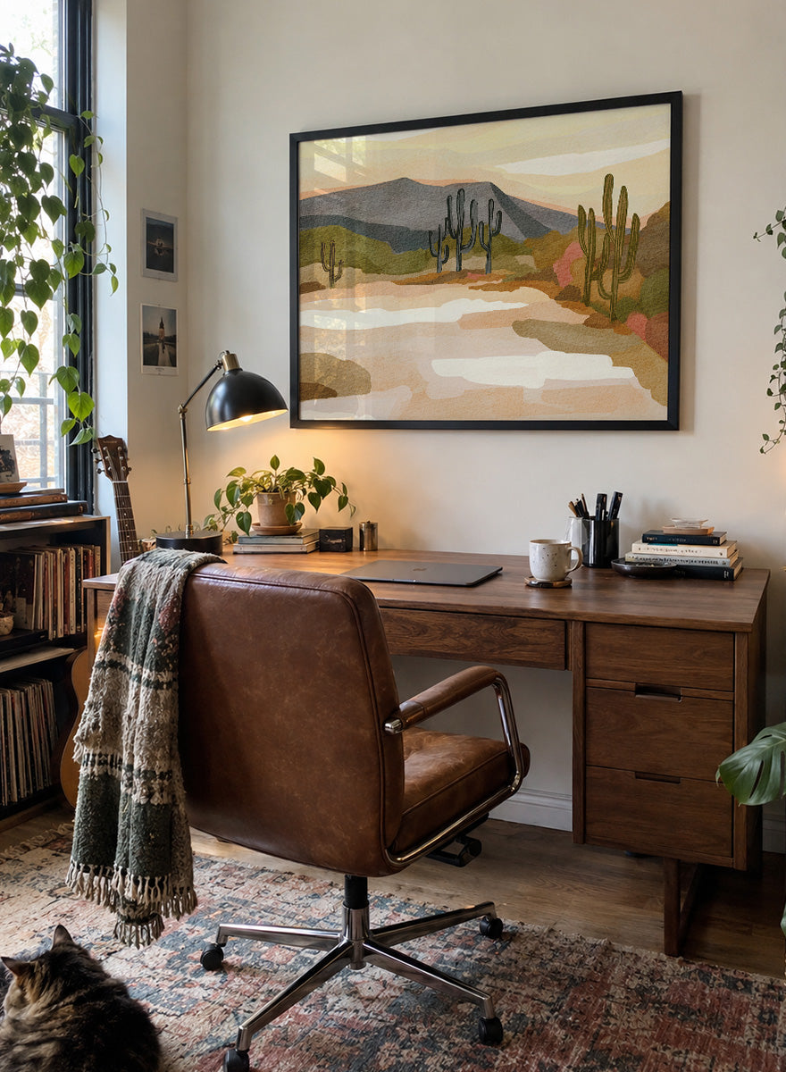 Shop Muted Mountain Landscape by Nikita Jariwala, a modern mountain wall art print poster with abstract hills, olive green, brown, cream, blush, and charcoal tones.
