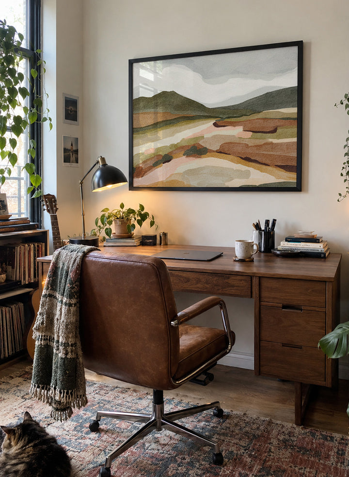Shop Muted Mountain Landscape by Nikita Jariwala, a modern mountain wall art print poster with abstract hills, olive green, brown, cream, blush, and charcoal tones.