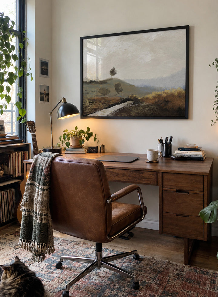 Shop La Collina by Dan Hobday, a contemporary landscape art print featuring rolling hills, scattered trees, earthy brown tones, and soft blue-gray distance.