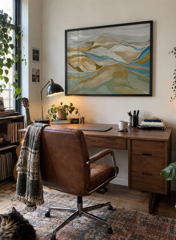 Framed abstract landscape wall art featuring layered hills and winding blue river-like lines in beige, tan, muted green, and blue tones, shown against a light neutral background. Shop Abstract Mountain Serenity by Nikita Jariwala, a modern mountain wall art print featuring layered abstract hills, earthy tones, and soft blue and sage accents.