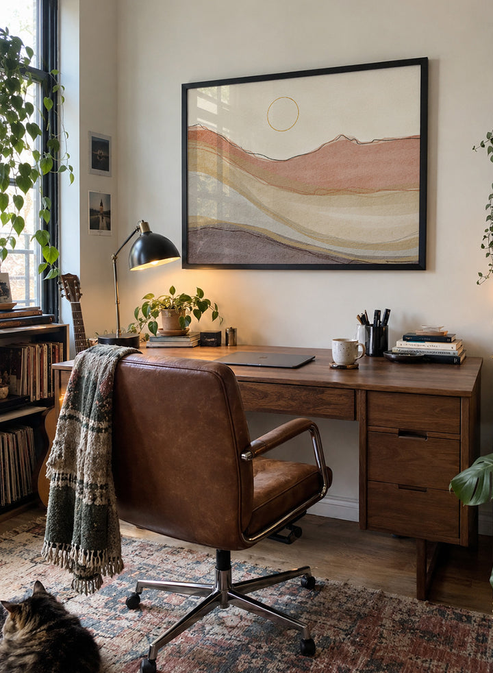 Shop Boho Desert Landscape by Nikita Jariwala, a modern desert wall art print with abstract hills, a simple sun, and warm terracotta, cream, beige, and mauve tones.