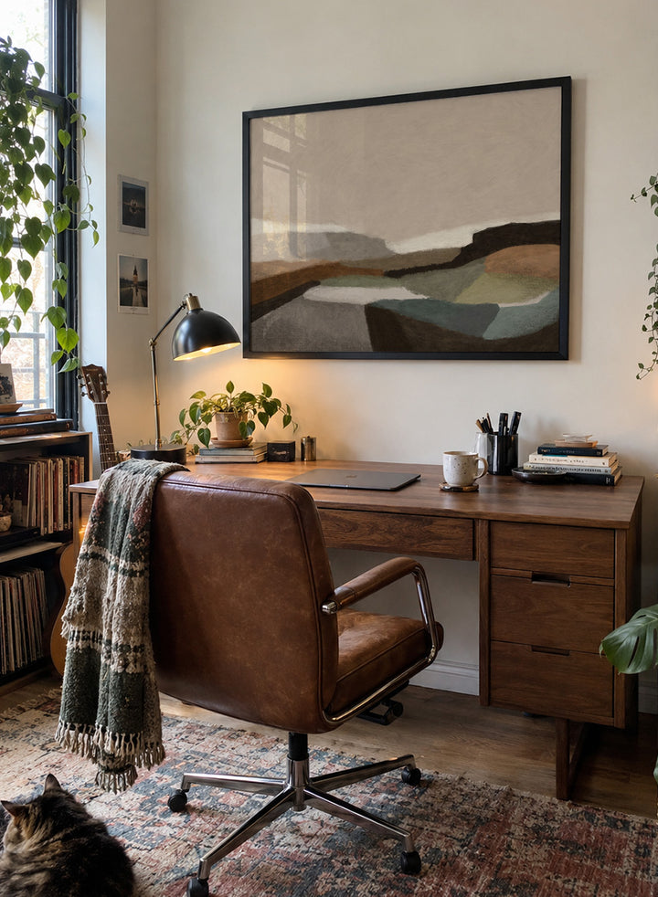 Shop Montego by Dan Hobday, a contemporary landscape art print featuring earthy brown, olive, taupe, gray, and muted blue with simplified layered forms.